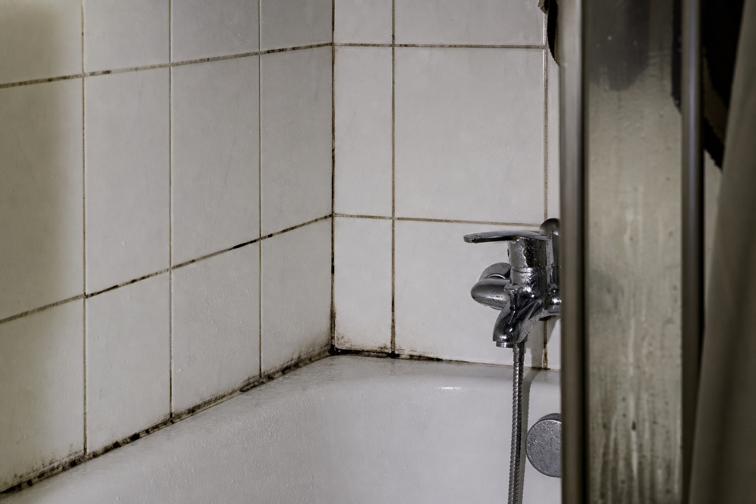 Schimmel in Badezimmerfugen und Silikon am Badewannenrand