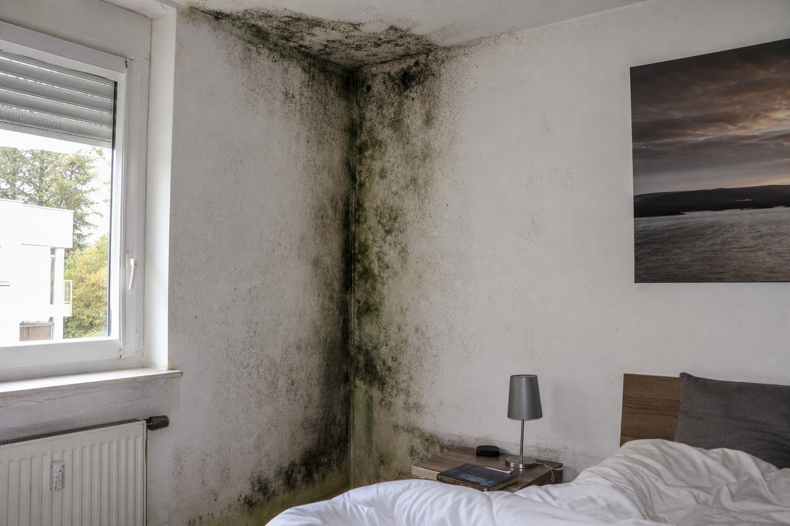 Schimmelbefall an Innenwand und Decke in einer Wohnungsecke