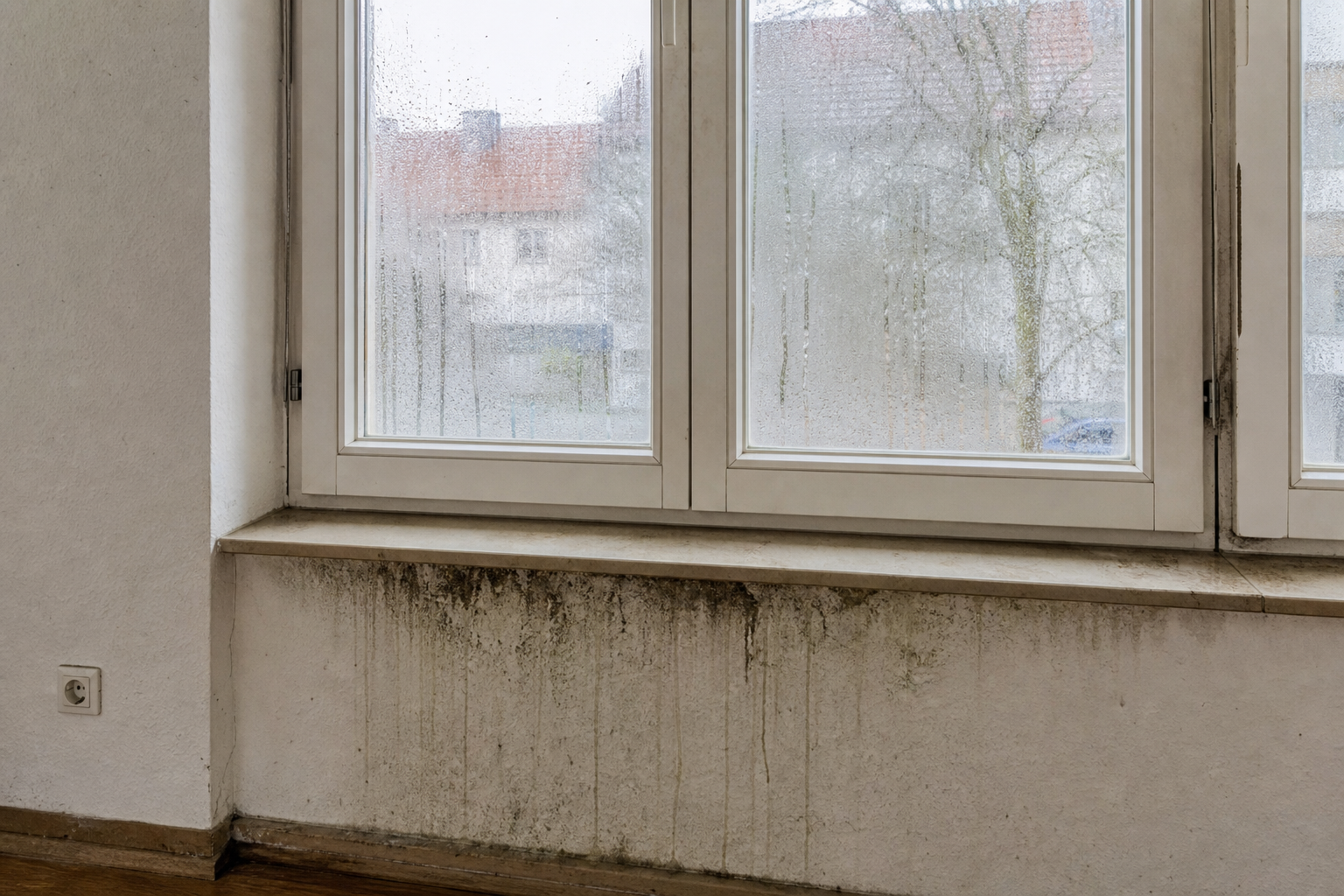 Kondenswasser am Fenster und Schimmel an der Laibung
