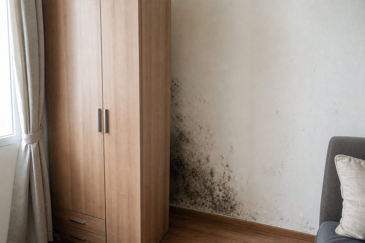 Schimmel hinter einem Kleiderschrank an einer Außenwand
