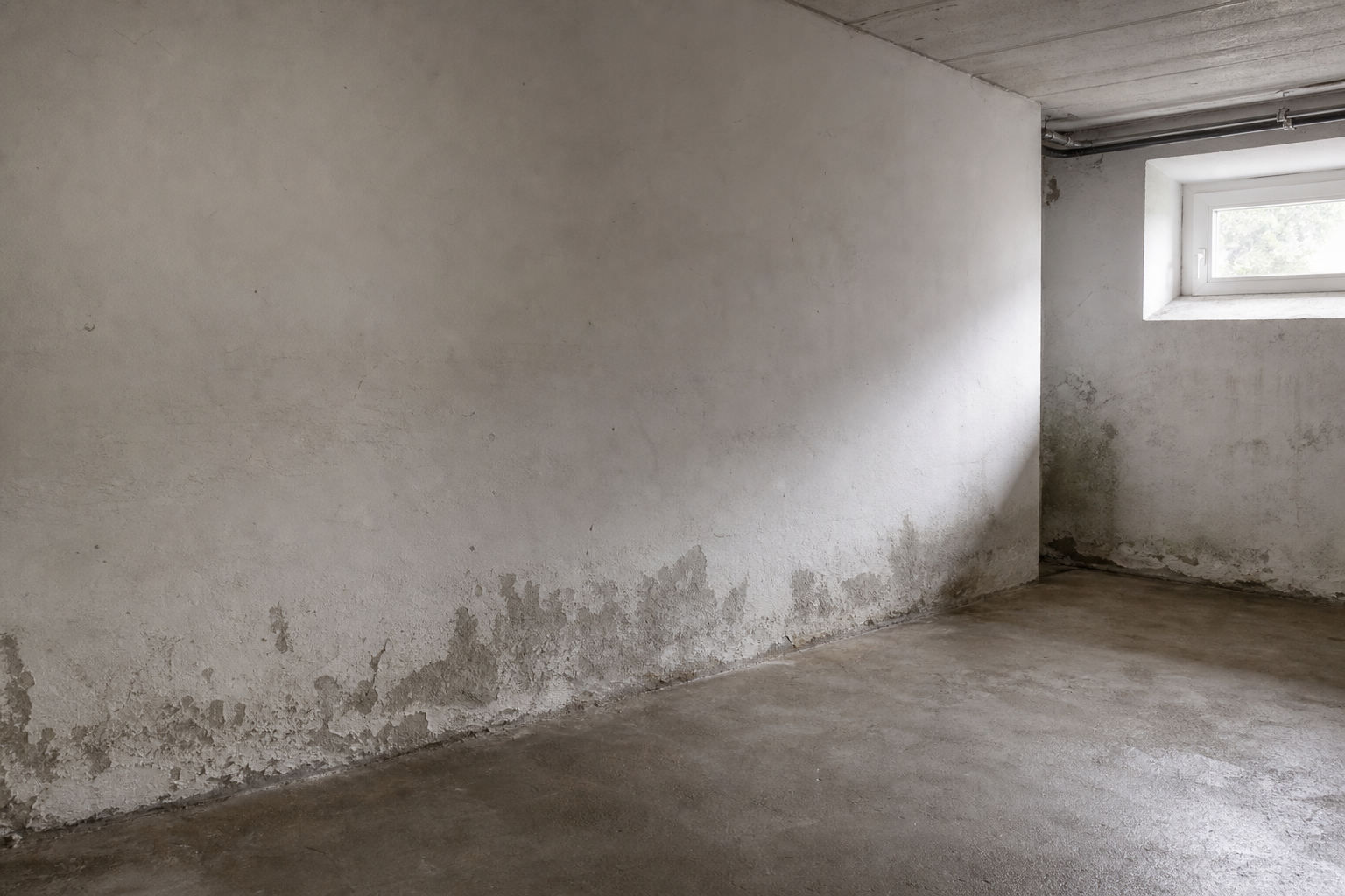 Schimmel und Feuchtespuren an einer Kellerwand im Sockelbereich