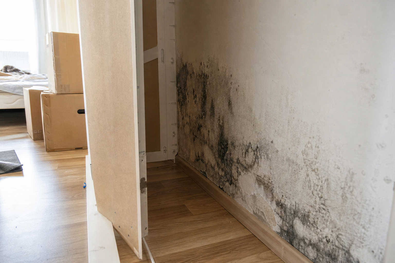 Schimmelbefall an Wand hinter einem zur Seite gerückten Kleiderschrank