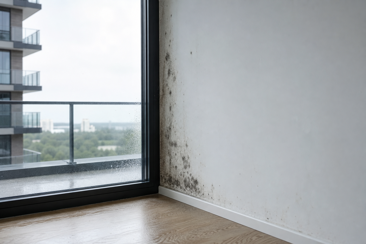 Schimmel an einer Innenwand in einer neuen Wohnung