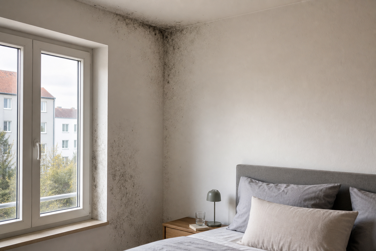 Schimmel in einer Schlafzimmer-Außenecke hinter einem Bett
