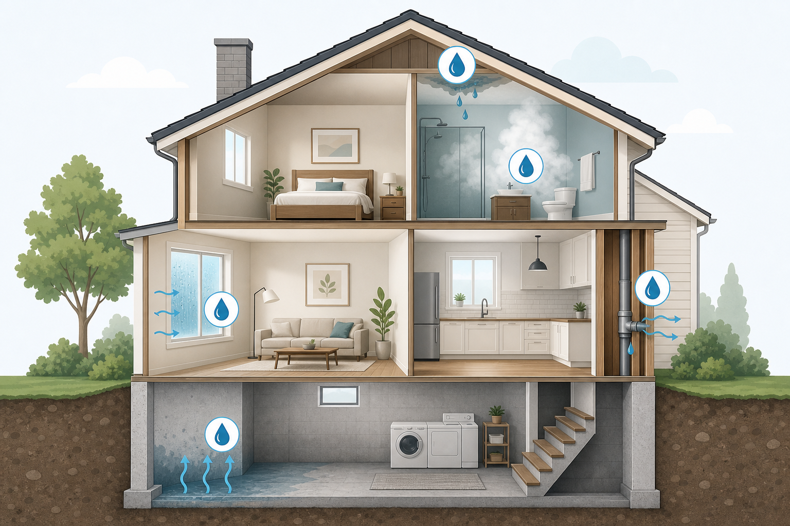 Illustration typischer Feuchtequellen im Haus (Schema)