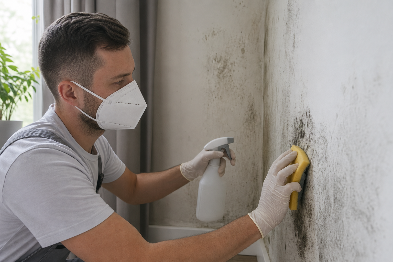 Schimmel an einer Wand wird mit Schutzausrüstung fachgerecht entfernt