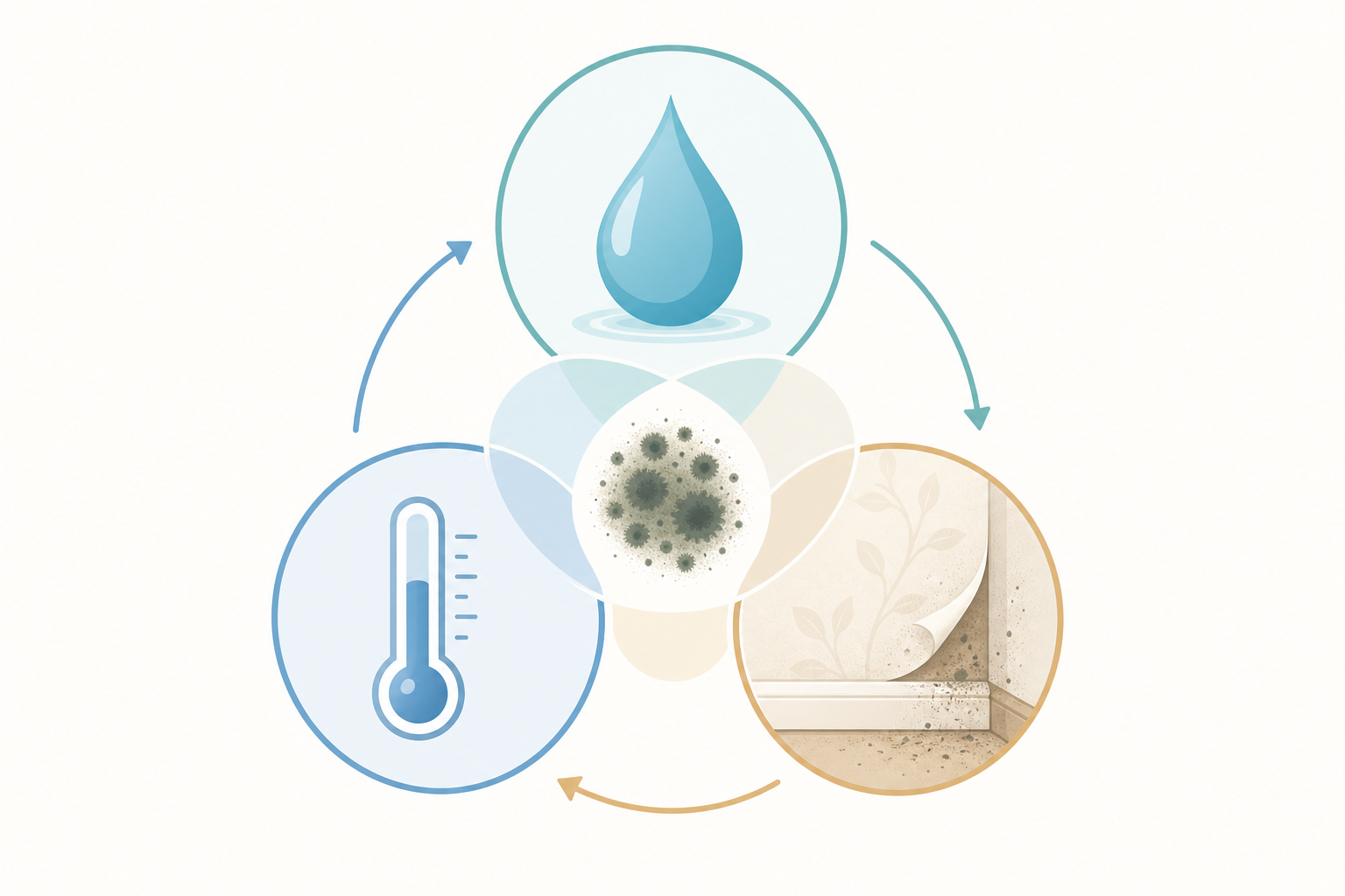 Schema: Feuchtigkeit, Temperatur und Nährboden als Ursachen von Schimmel