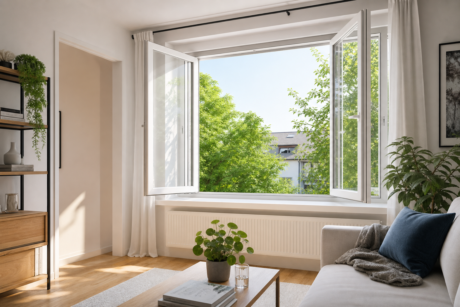 Fenster wird zum Stoßlüften weit geöffnet