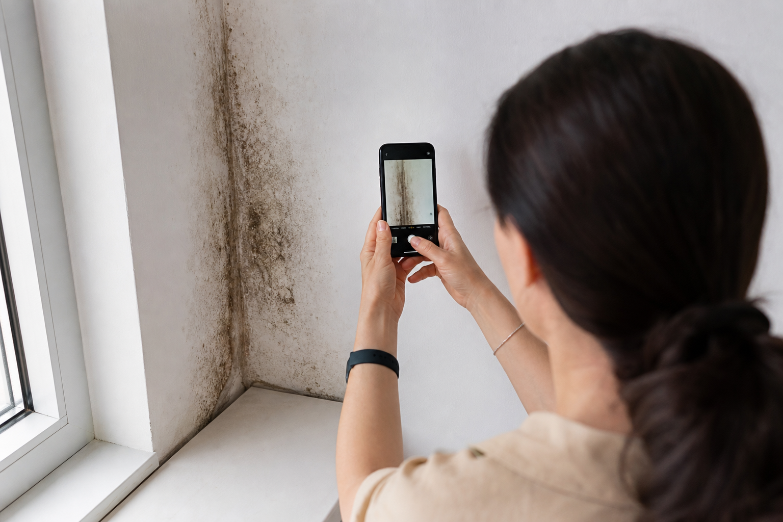 Person dokumentiert Schimmel mit Smartphone